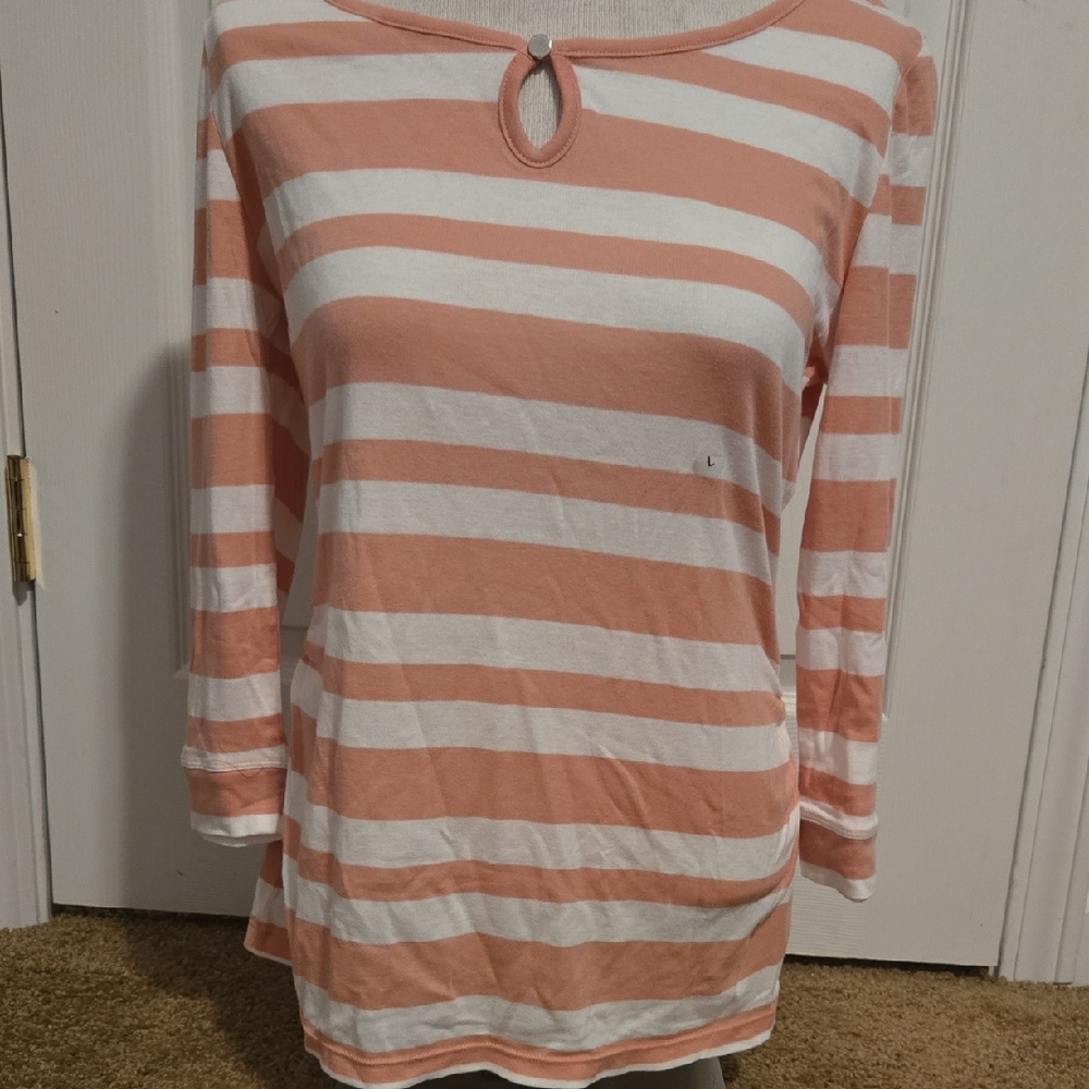 NWT New York & Company Coral and White Striped 3/4 Sleeve Top Size Large